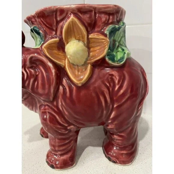 Vintage Ceramic Large Elephant Planter Colorful Made in Japan Pottery Burgundy - Picture 3 of 16
